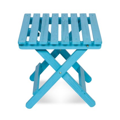 A small folding side table  with a turquoise blue slatted wooden top and matching folding legs, shown on a plain white background. 