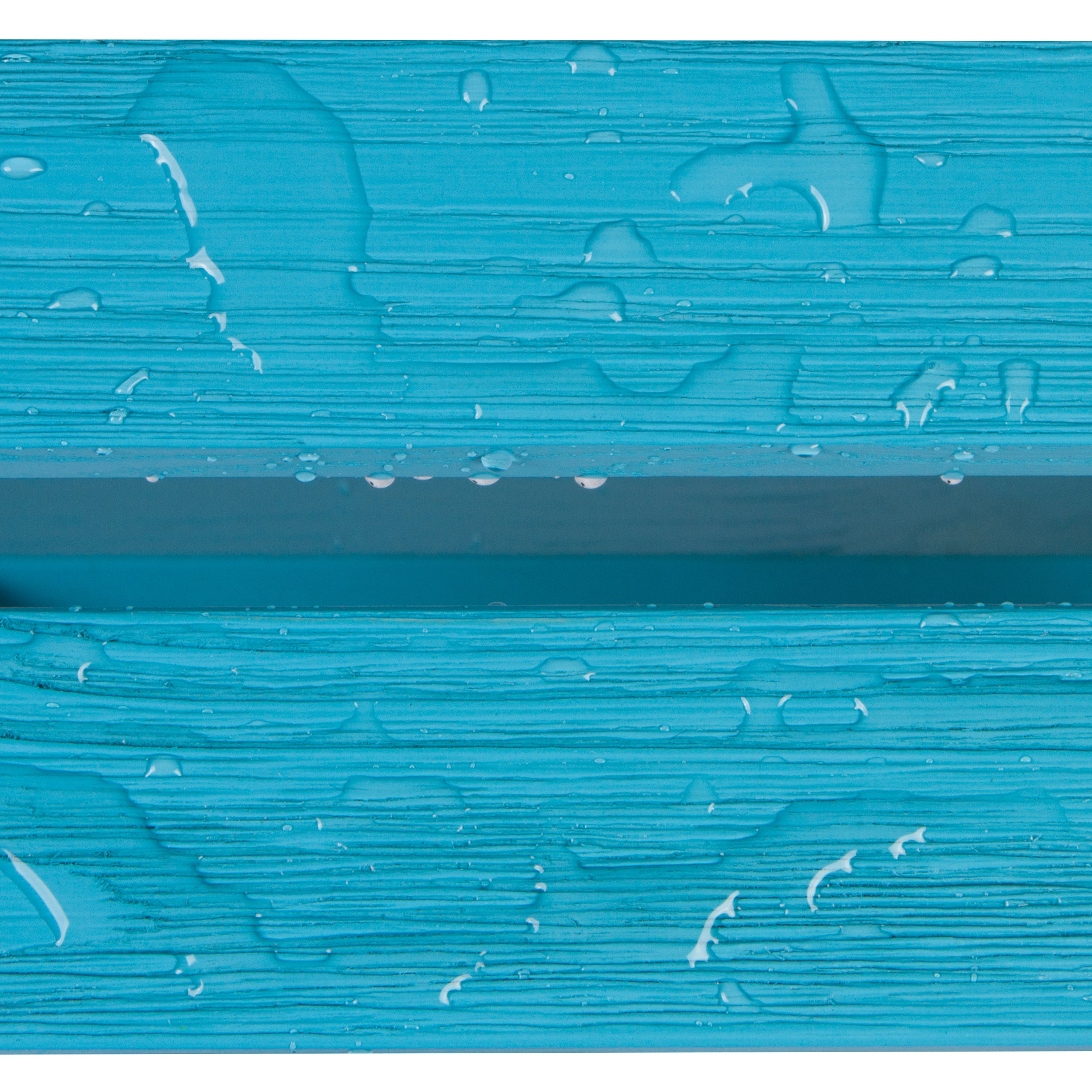 A close-up of a bright turquoise textured surface with horizontal ridges and scattered water droplets. 