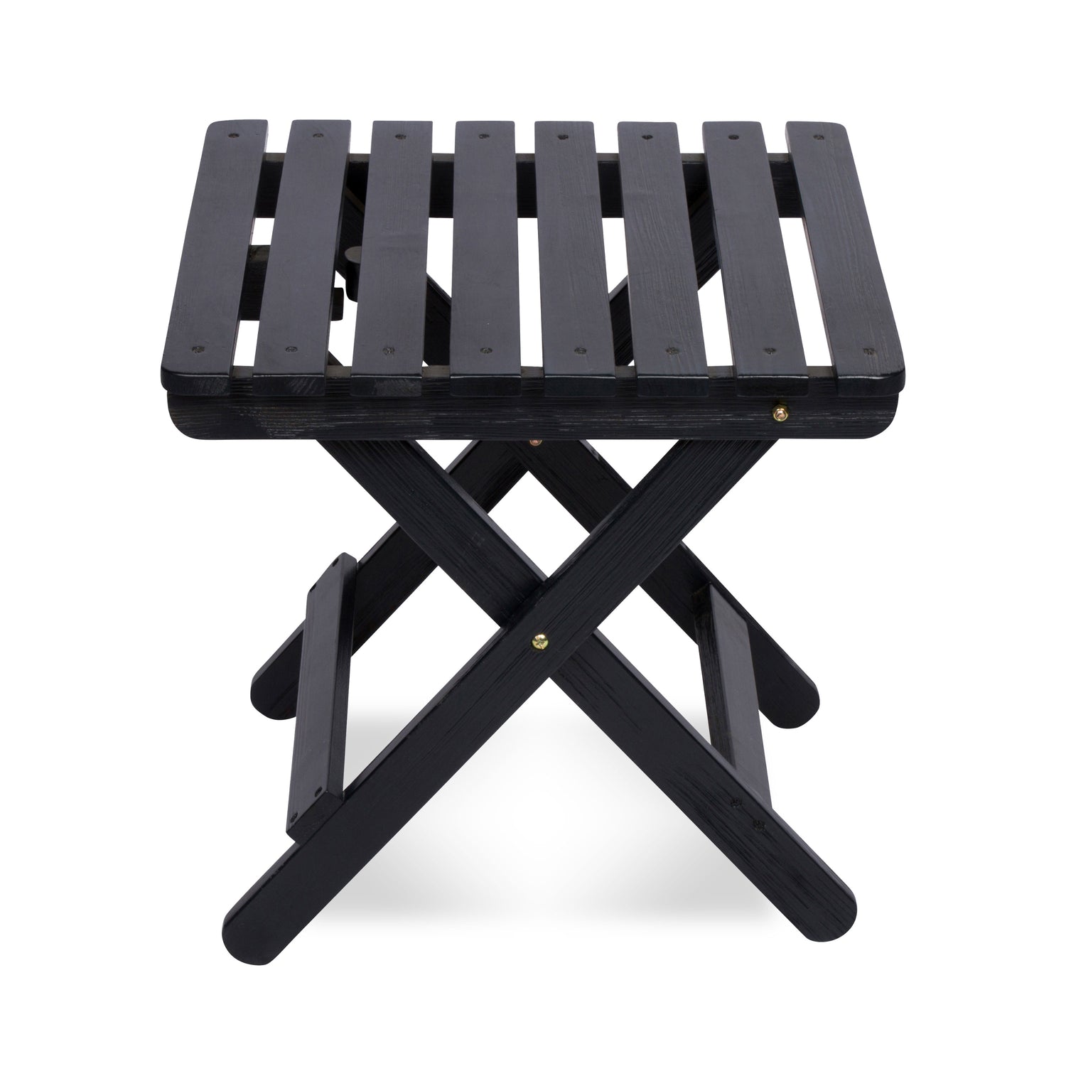 A black folding wooden bench with a slatted seat and backrest, shown on a clean white background. 