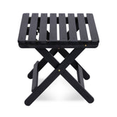 A black folding wooden bench with a slatted seat and backrest, shown on a clean white background. 