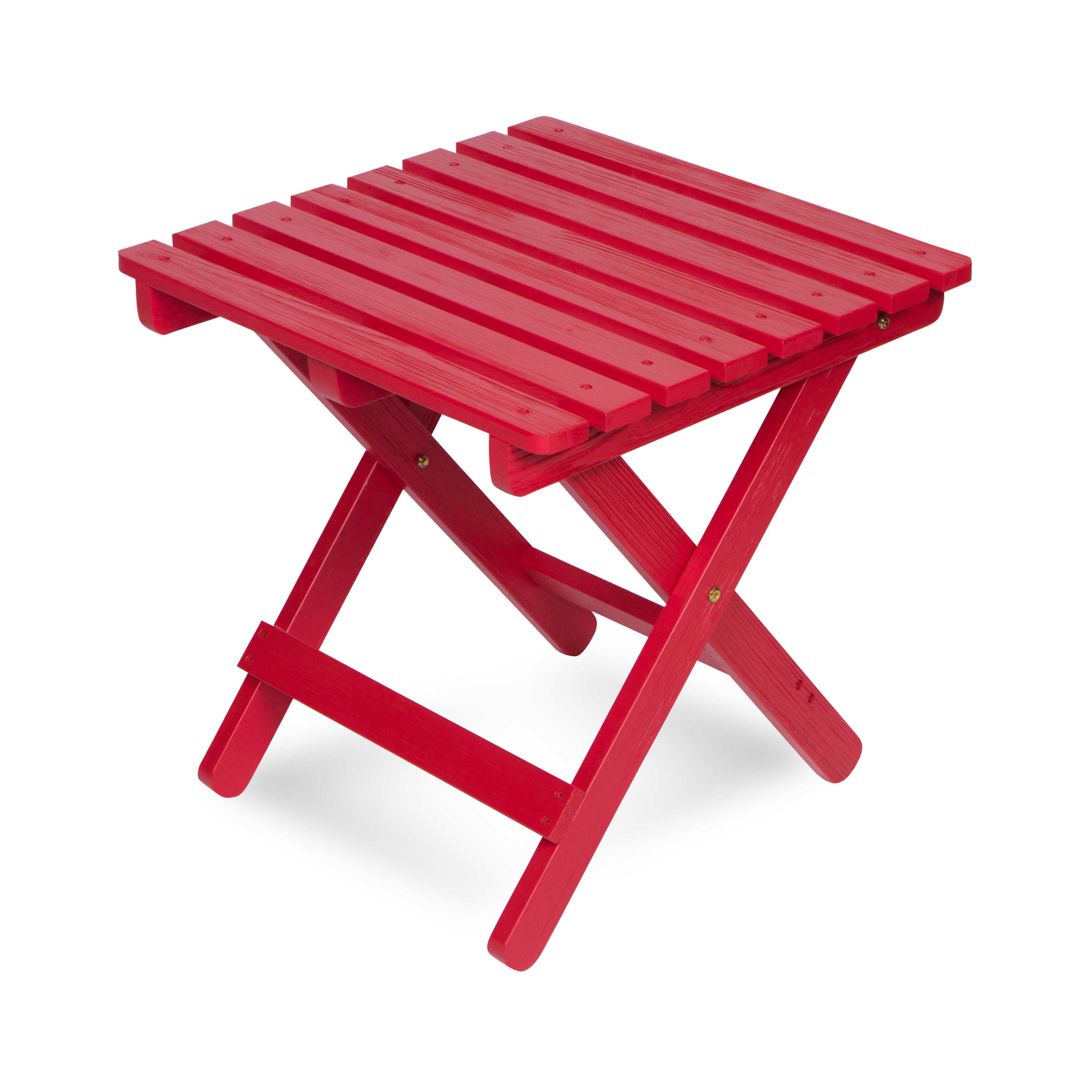 A bright red folding wooden table with a slatted top and X-frame legs, shown on a clean white background. 