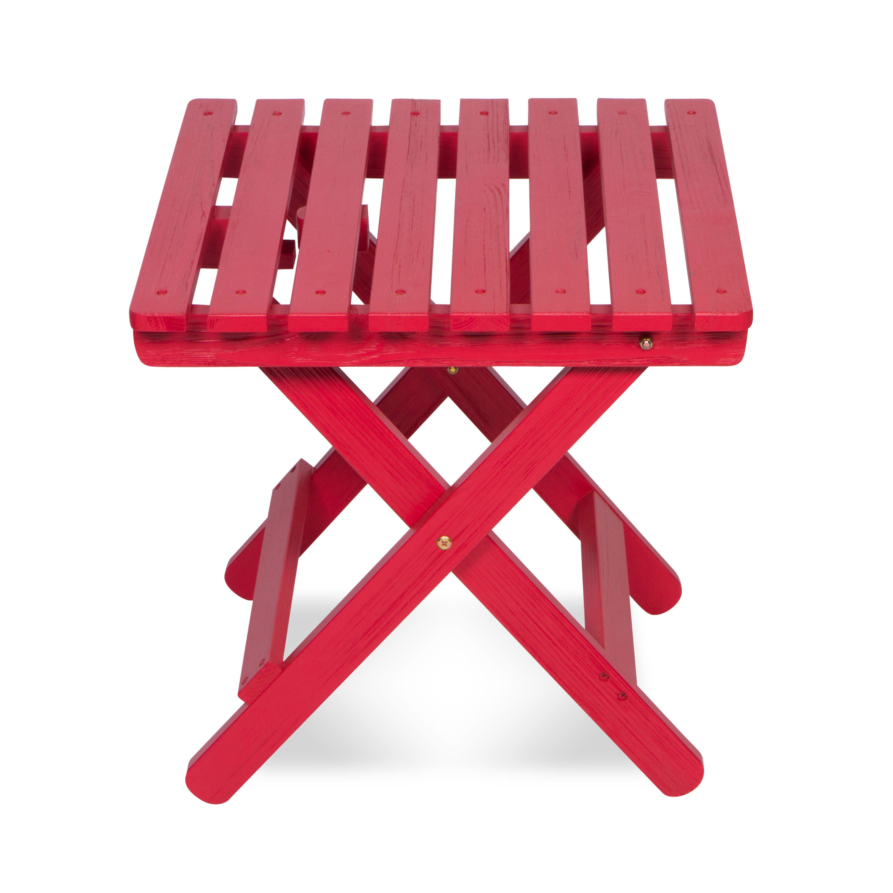 A bright red folding wooden side table with a slatted top and X-frame legs, shown on a clean white background. 