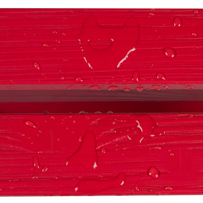 Close-up of a bright red textured surface with water droplets and a faint heart-shaped impression, likely showing a material finish or protective coating. 