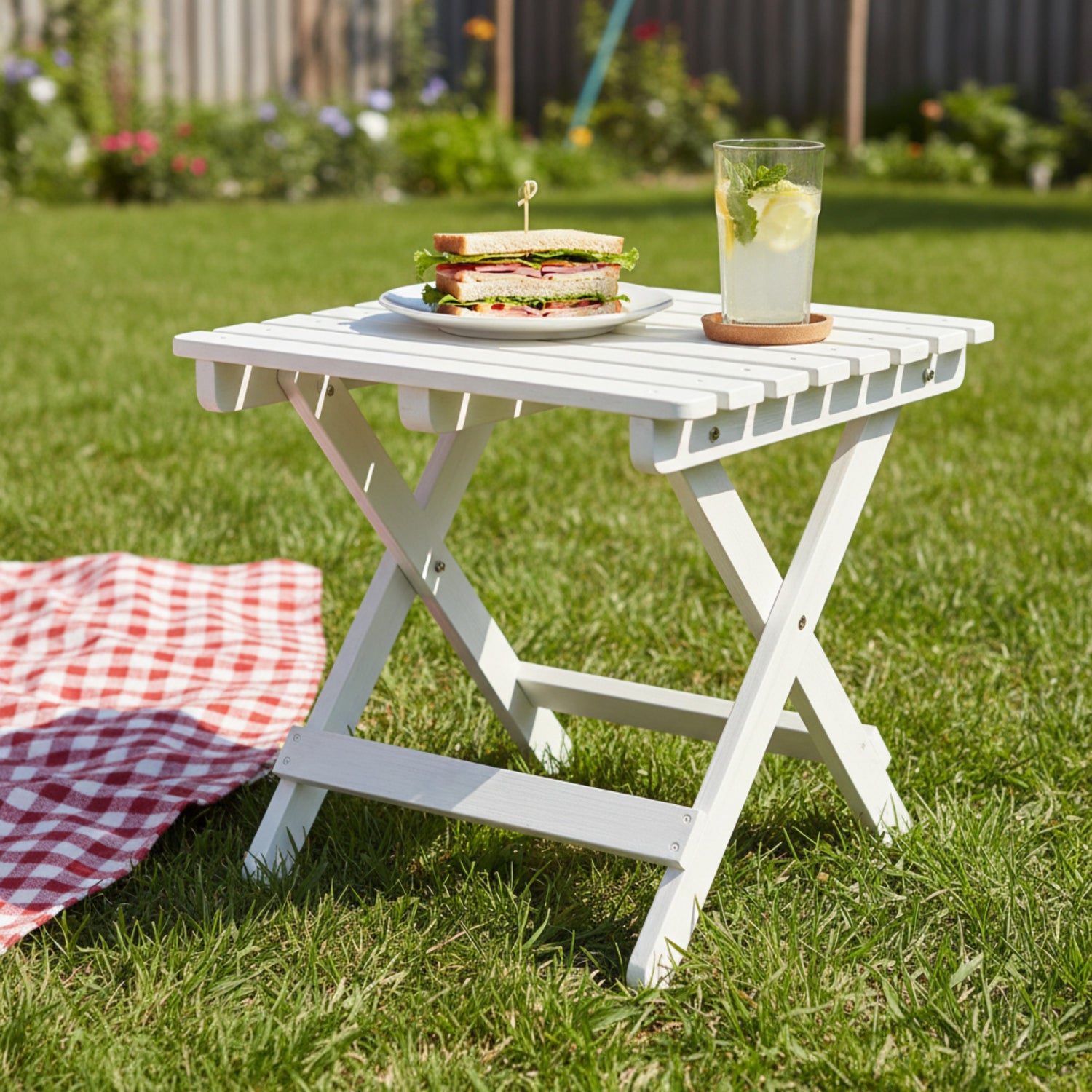 A small white folding side table on a green lawn, styled with a sandwich on a plate and a glass of lemonade. A red-and-white checkered blanket is partly visible on the left, and a blurred garden background is in focus. 