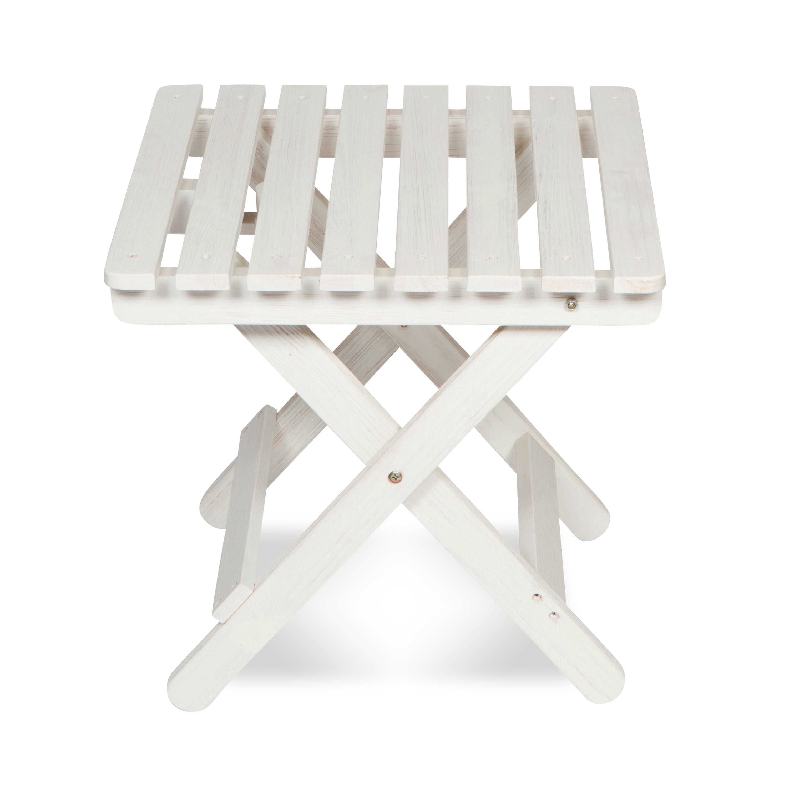 A white wooden folding side table with a slatted top and X-frame legs, shown on a clean white background. 
