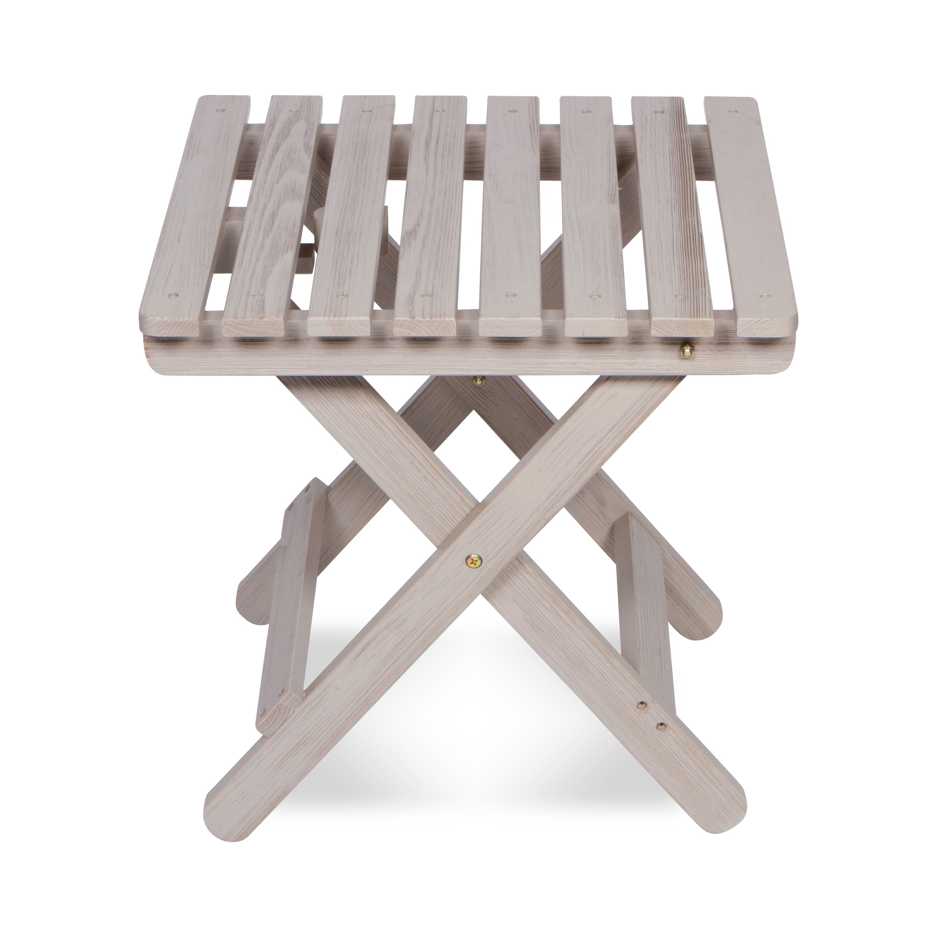 A light gray wood folding side table with a slatted top and X-frame legs, shown on a white background.  