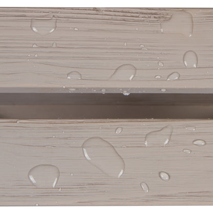 Close-up of a light beige wood-grain surface with clear water droplets beading on top, showing a horizontal seam between two panels.  