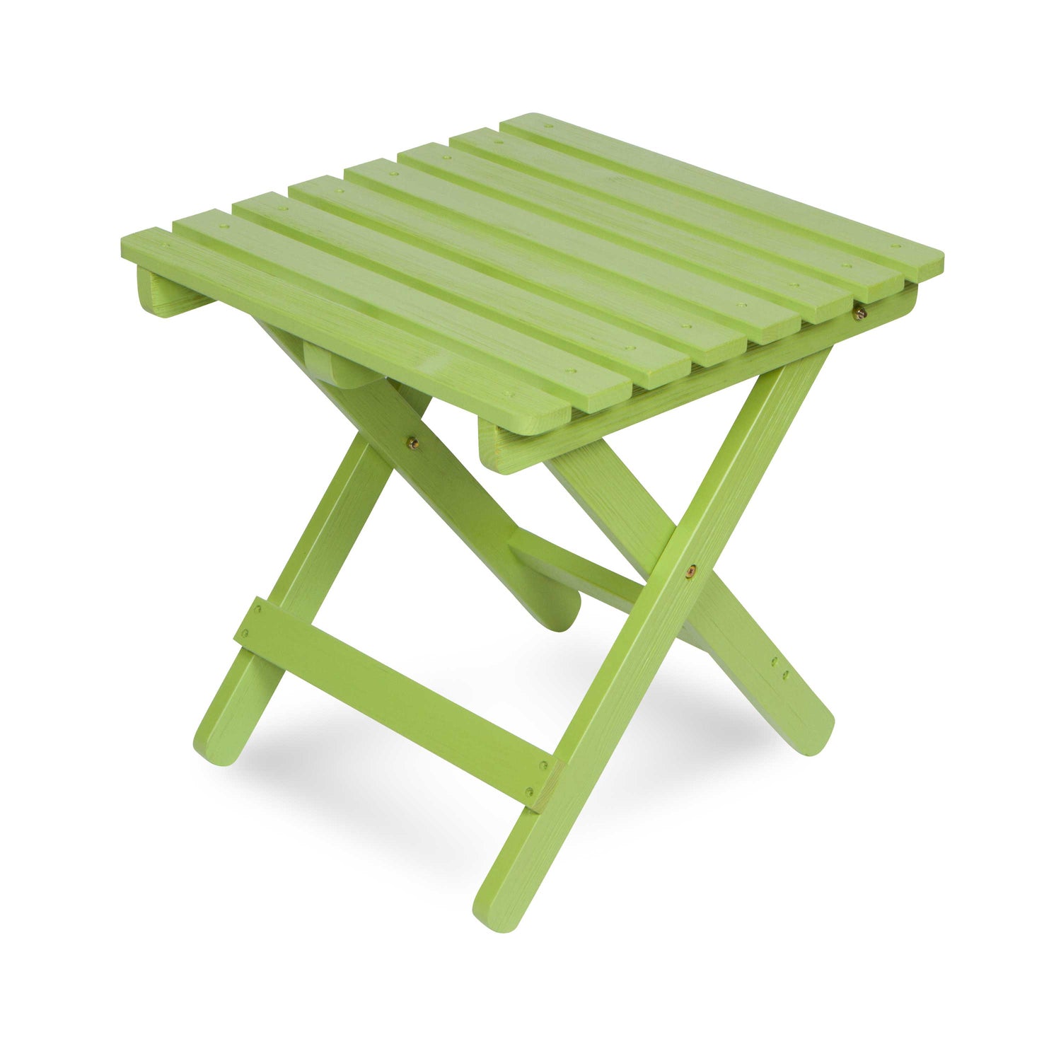 A lime green folding side table with a slatted wooden top and folding legs, shown on a white background. 