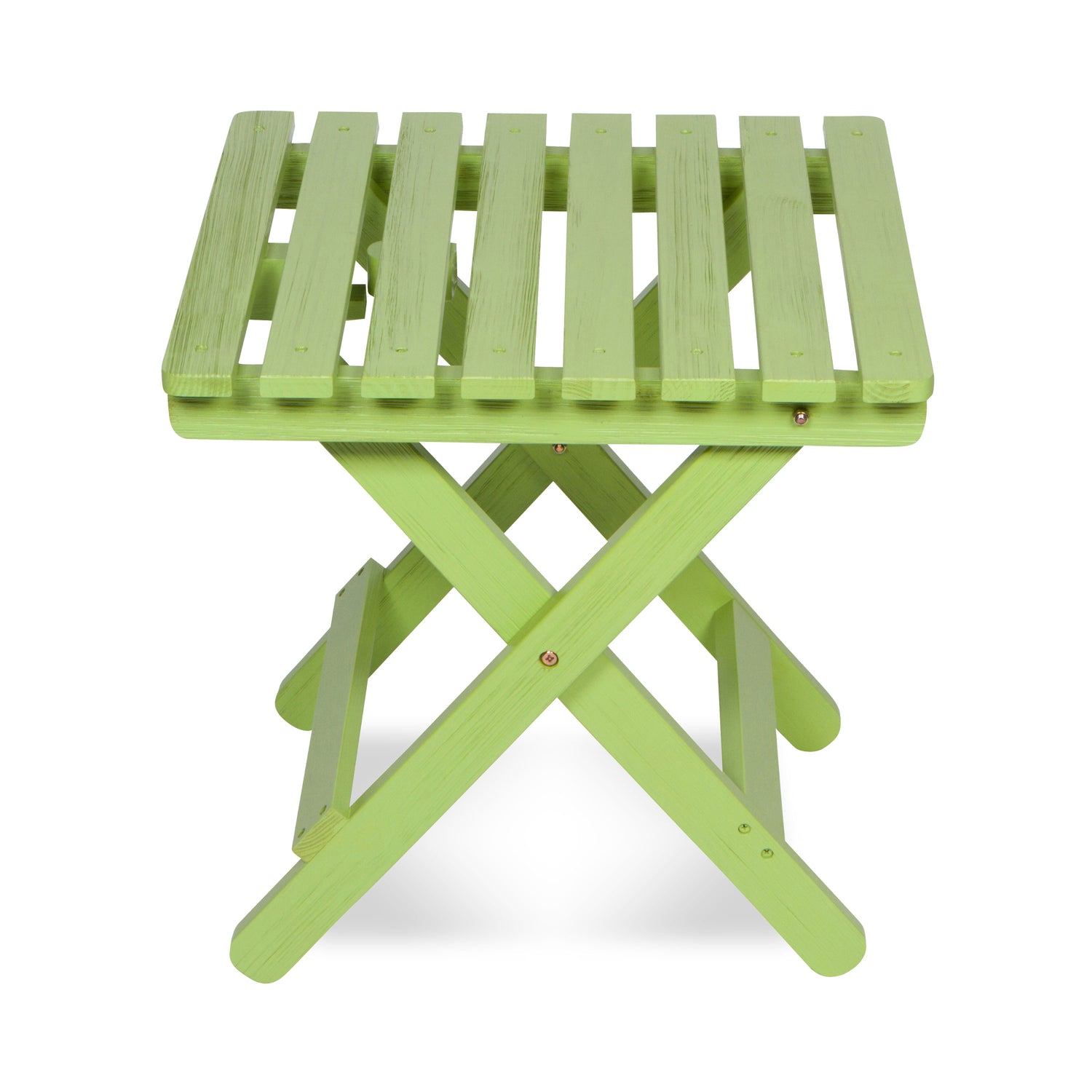 A lime green folding wooden side table with a slatted top and X-frame legs, shown on a white background. 