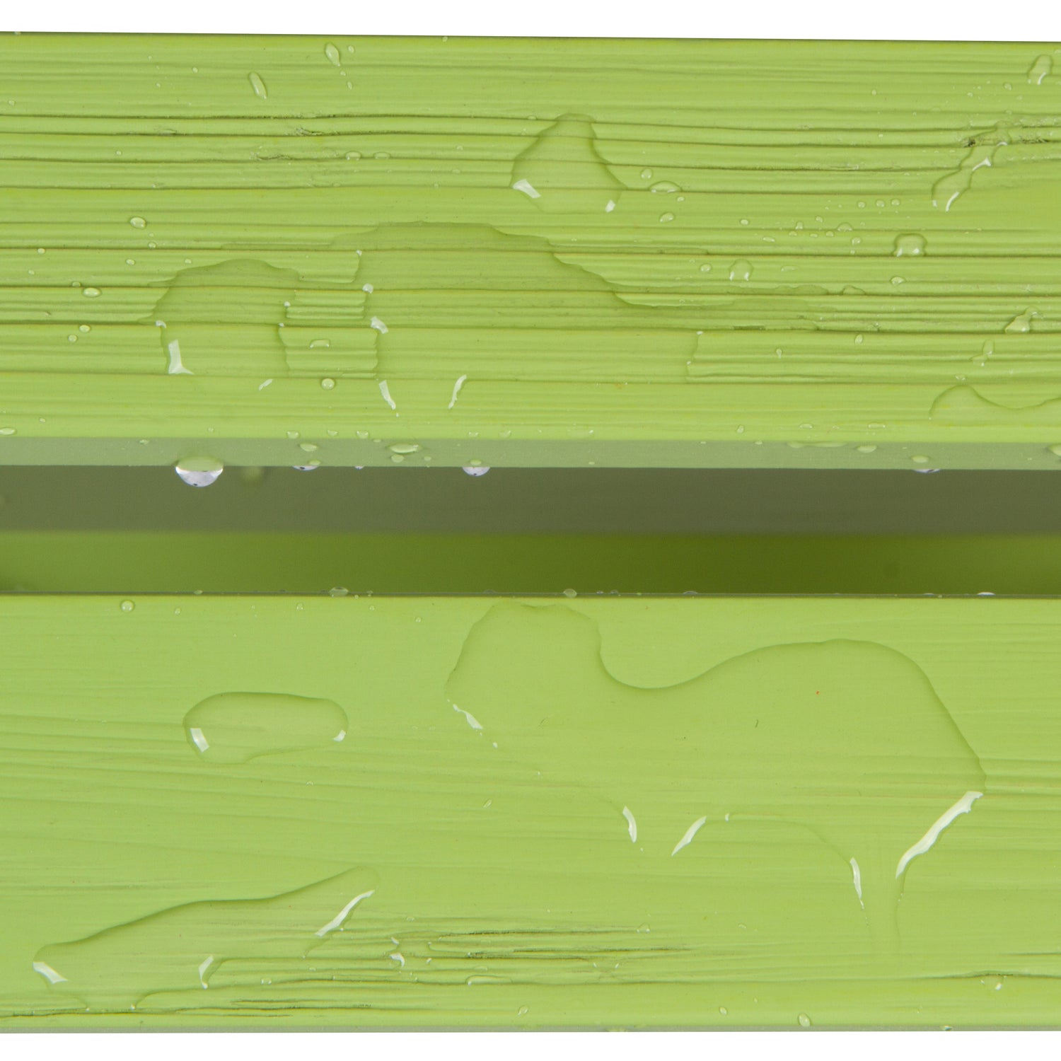 Lime green wooden slats showing up close water droplets showcasing weather resistant finish on wood slats. 