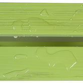 Lime green wooden slats showing up close water droplets showcasing weather resistant finish on wood slats. 