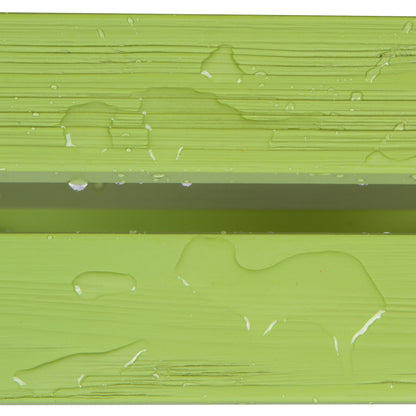 Lime green wooden slats showing up close water droplets showcasing weather resistant finish on wood slats. 