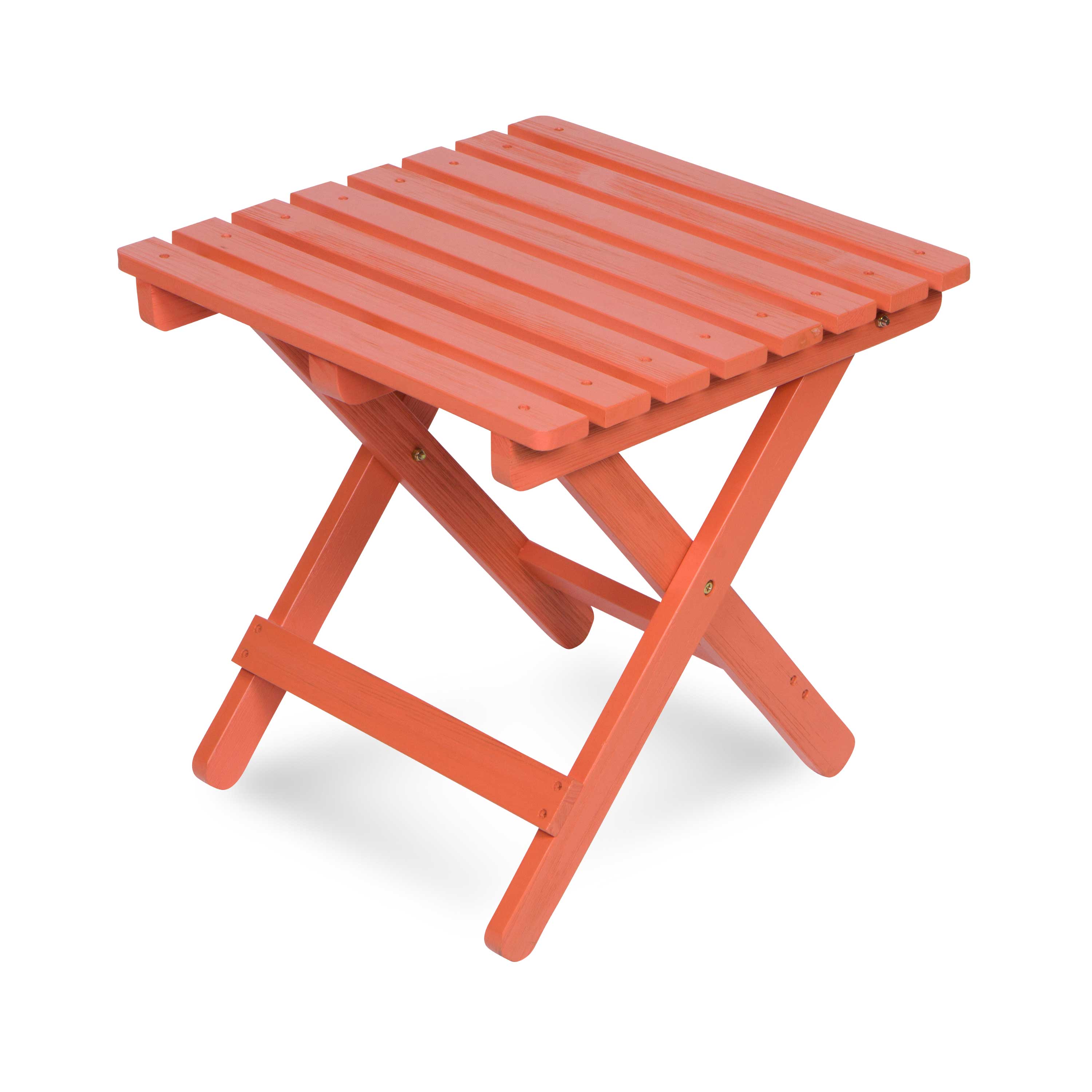 A small folding side table with a slatted rectangular top and X-frame legs, shown in a solid orange-red color on a clean white background. 