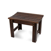 A small wooden bench or stool with a dark brown finish and slatted top, shown on a plain white background. 