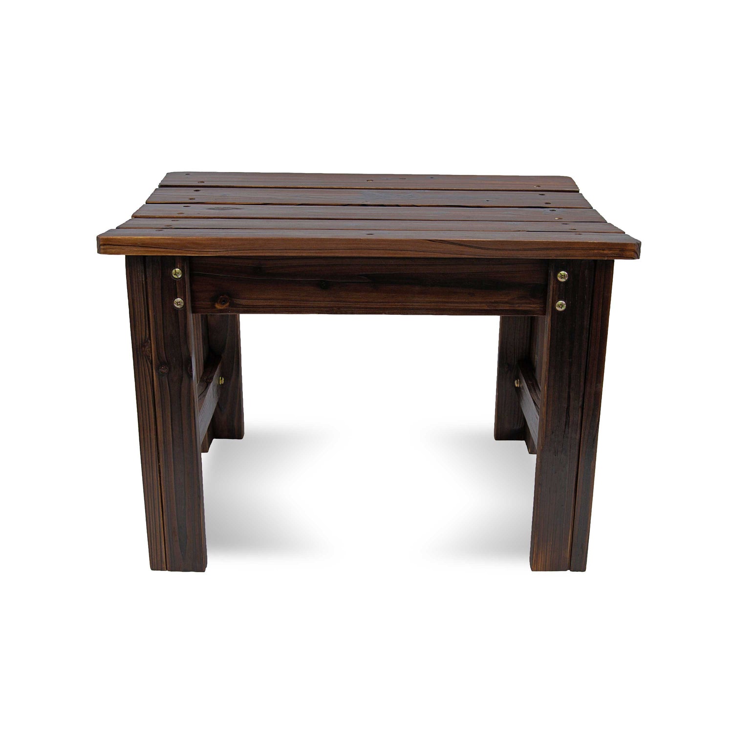 A square wooden bench with a dark brown finish, featuring a slatted top and thick block legs, shown against a plain white background. 