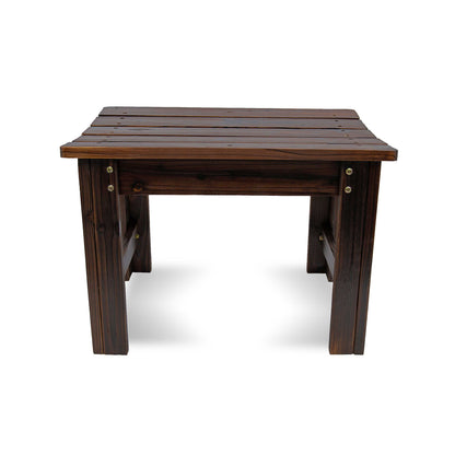 A square wooden bench with a dark brown finish, featuring a slatted top and thick block legs, shown against a plain white background. 
