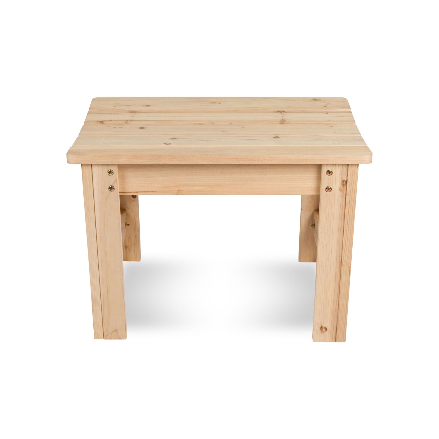 A small square wooden bench with a natural cedar finish, featuring a slatted top and four legs, shown against a plain white background. 