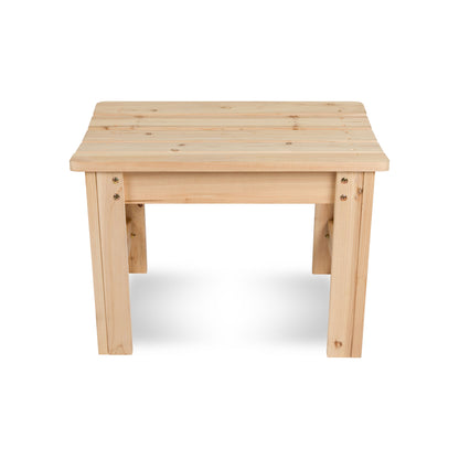 A small square wooden bench with a natural cedar finish, featuring a slatted top and four legs, shown against a plain white background. 
