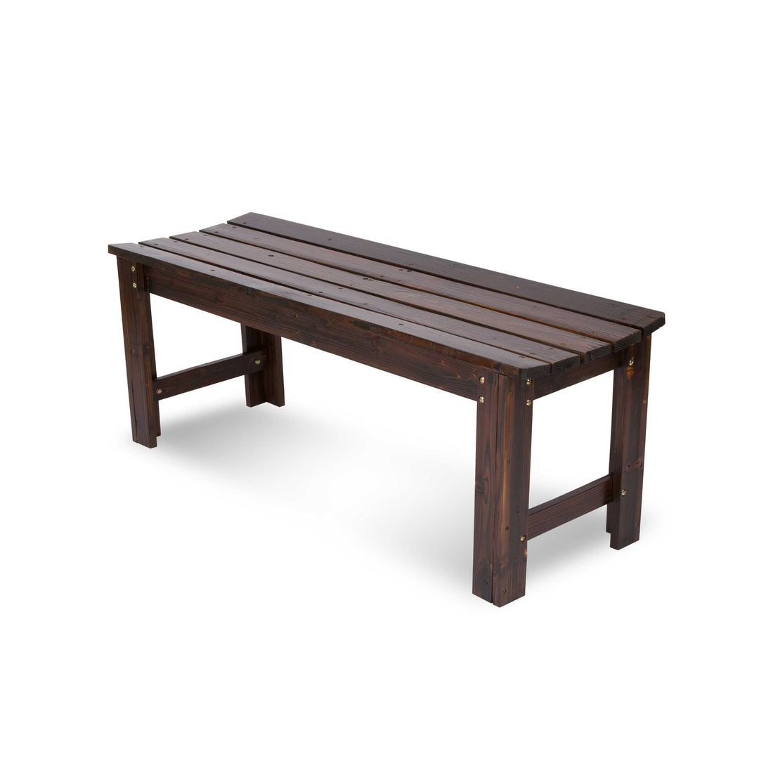 A dark brown wooden bench with a slatted seat and sturdy legs, shown from a three-quarters angle on a white background. 
