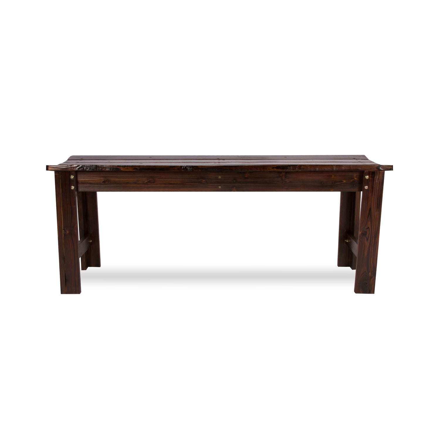 A dark brown wooden dining bench with a rustic plank top and four sturdy legs, shown against a plain white background. 