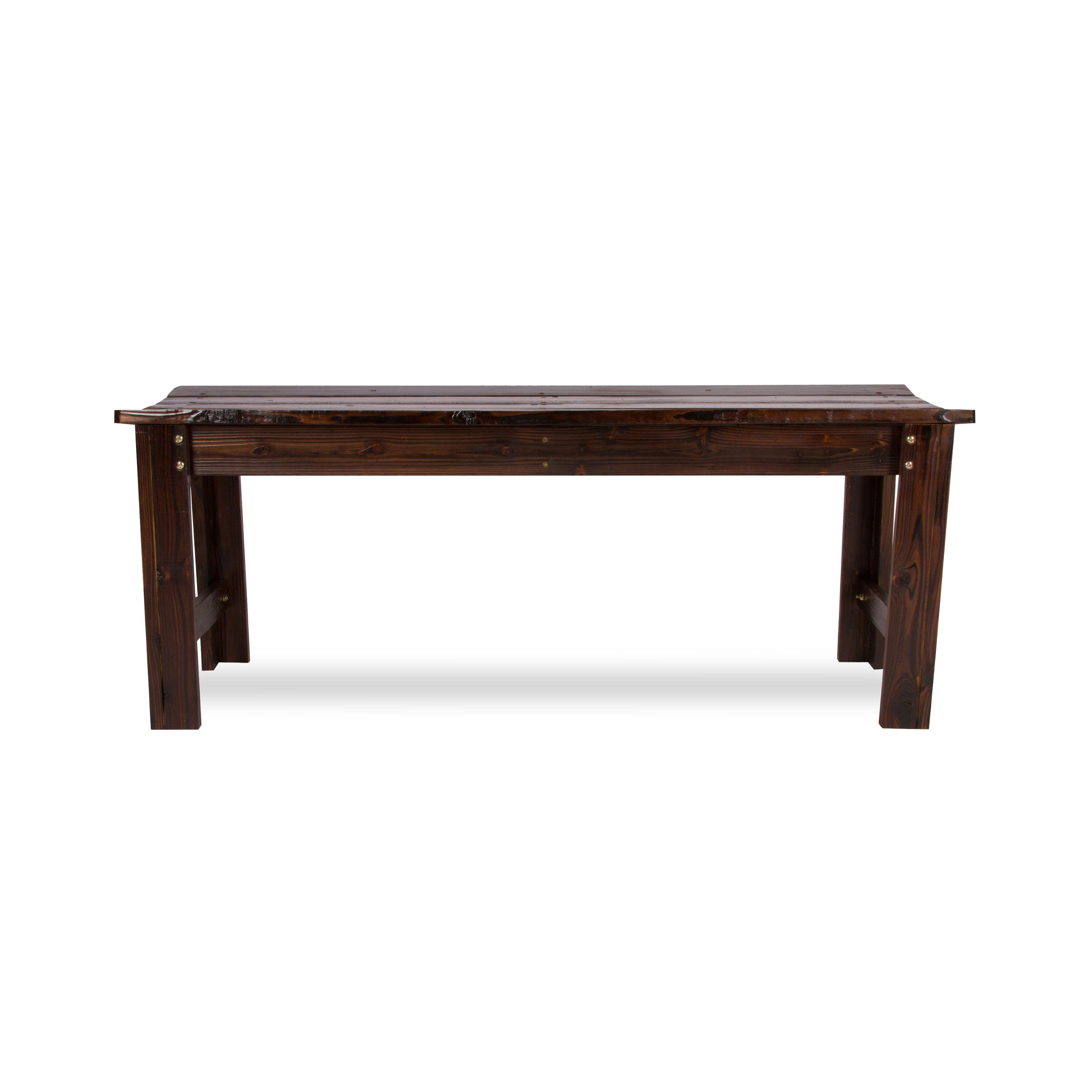 A dark brown wooden dining bench with a rustic plank top and four sturdy legs, shown against a plain white background. 