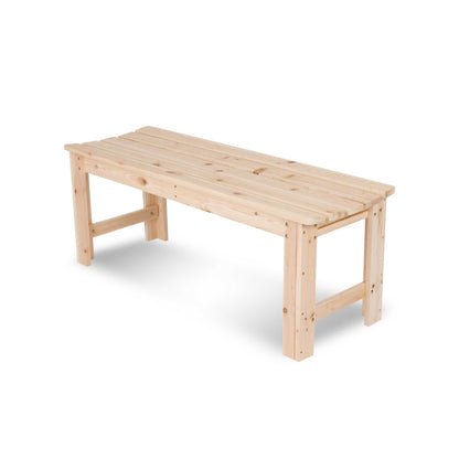 A light natural wood bench with a slatted seat and sturdy legs, shown on a clean white background.  