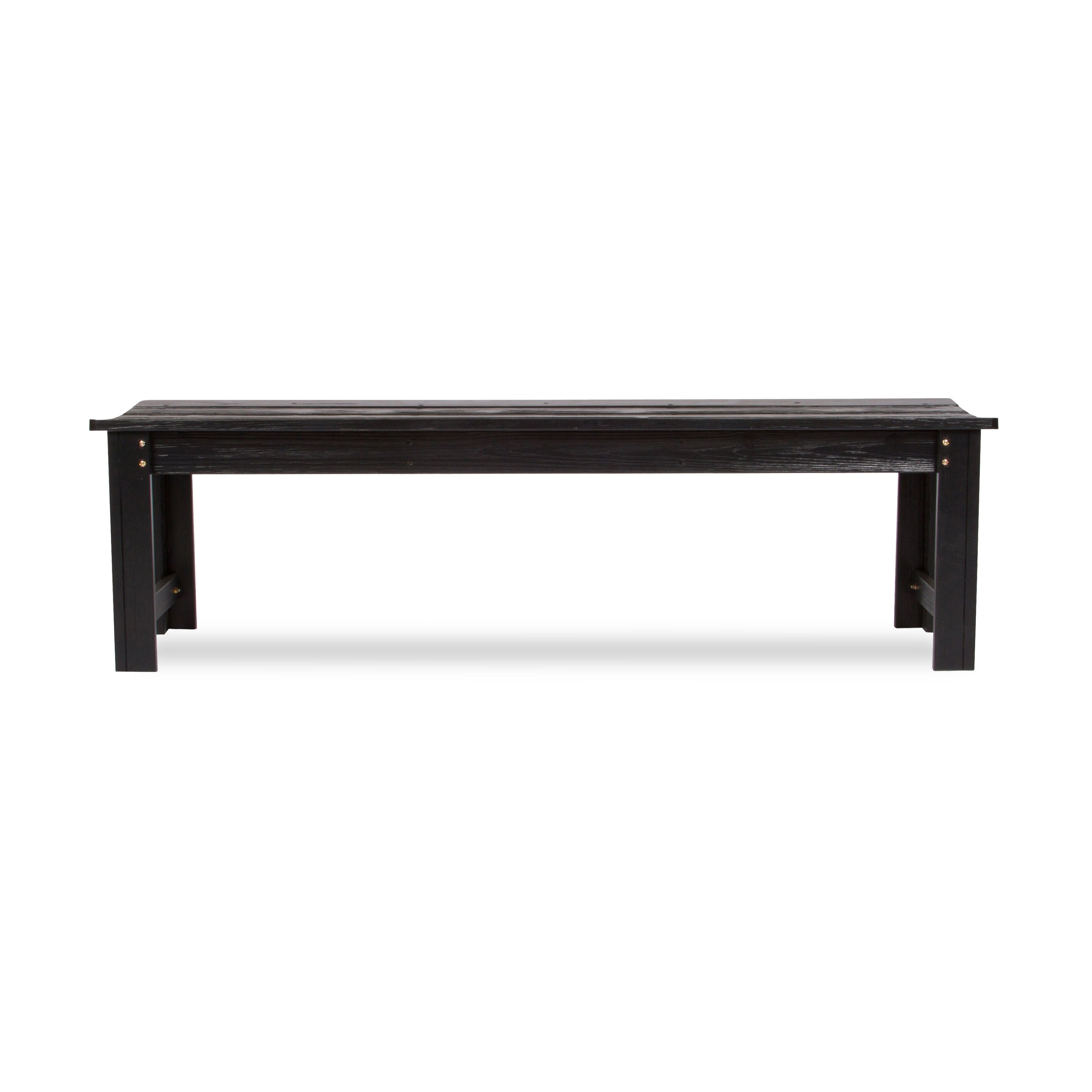 Long 5ft black slated cedar wood bench on white background 