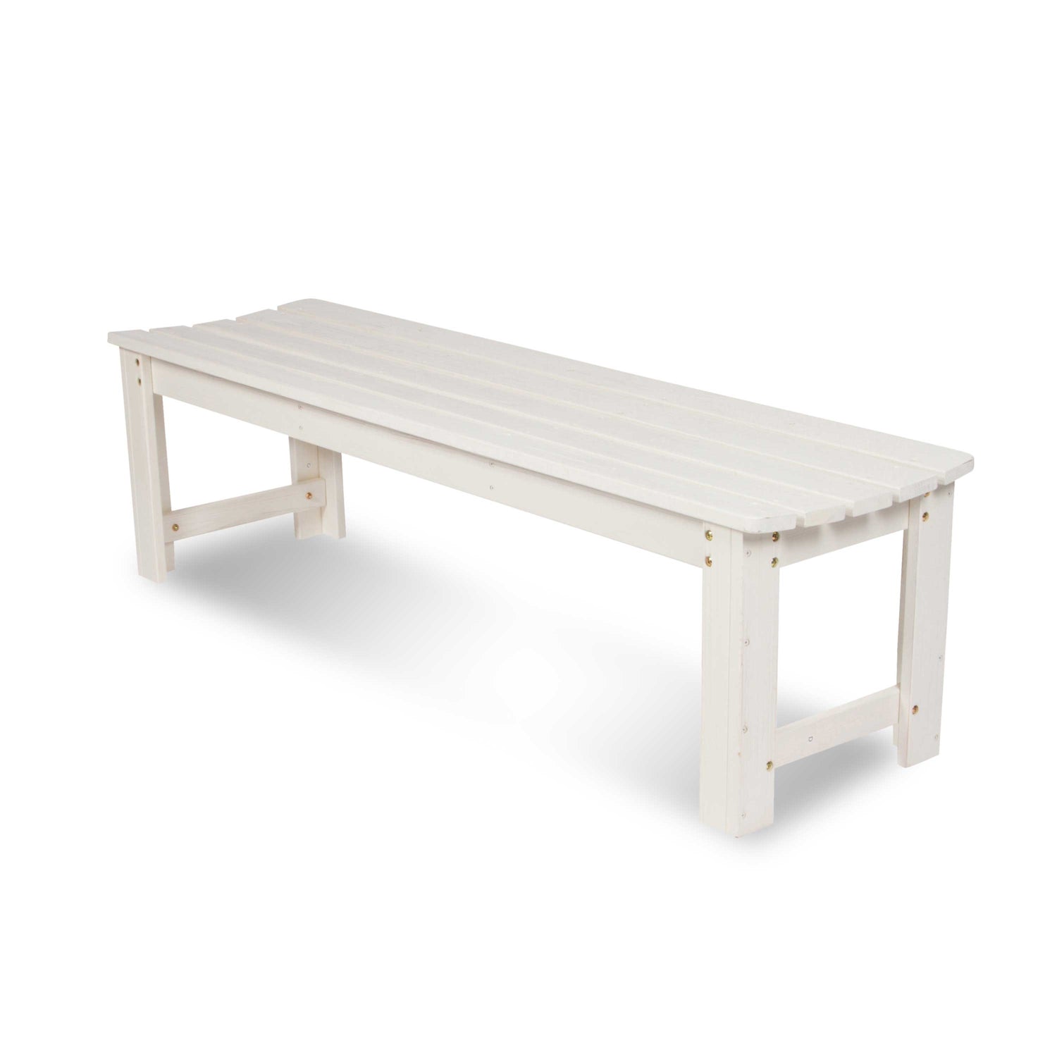 A white wooden bench with a slatted seat and sturdy legs, shown from a three-quarters angle on a clean white background. 