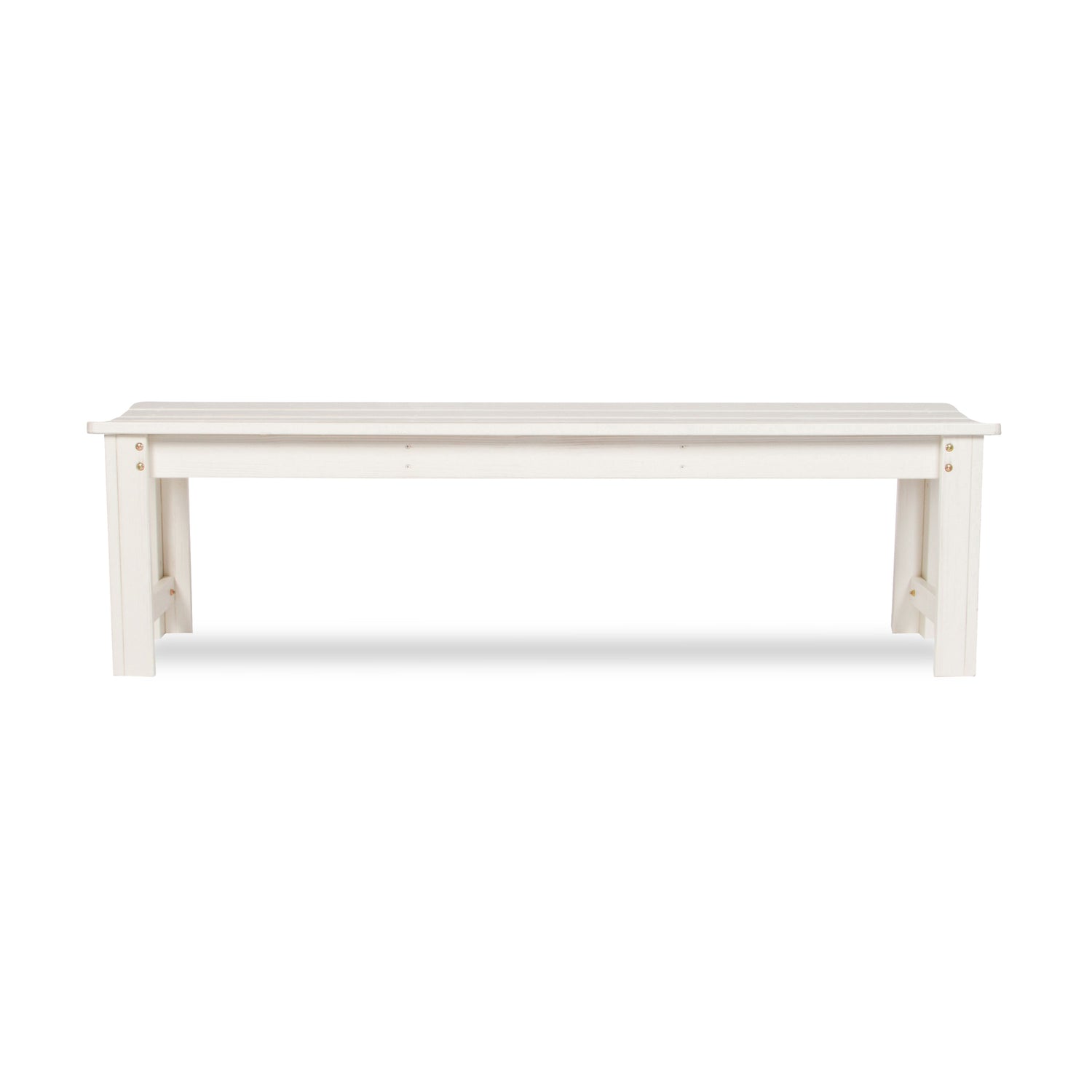A white wooden bench with a slatted top and A-frame legs, shown from a front-facing perspective against a plain white background.  