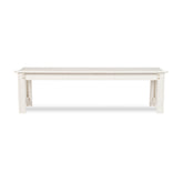 A white wooden bench with a slatted top and A-frame legs, shown from a front-facing perspective against a plain white background.  