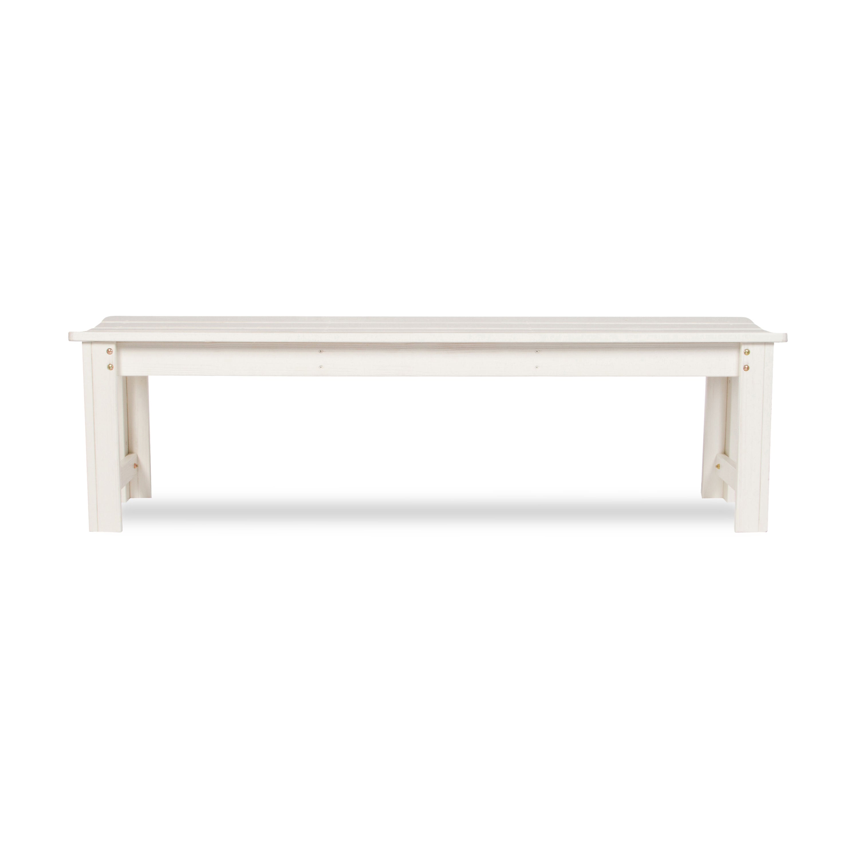 A white wooden bench with a slatted top and A-frame legs, shown from a front-facing perspective against a plain white background.  