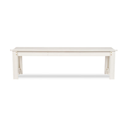 A white wooden bench with a slatted top and A-frame legs, shown from a front-facing perspective against a plain white background.  