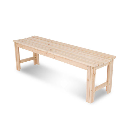 A light natural wood bench with a slatted seat and solid legs, shown on a clean white background.  