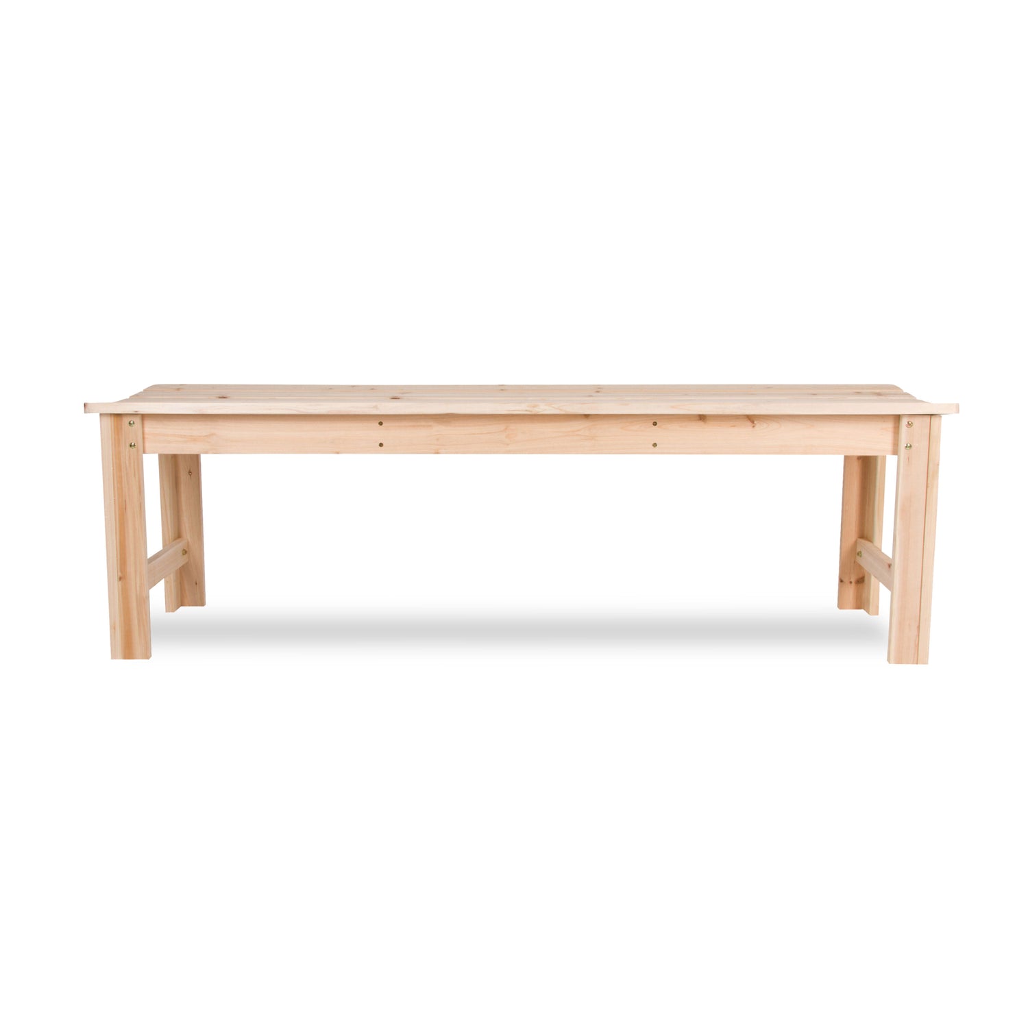 A light natural wood bench with a rectangular top and four legs, shown from a front angle on a white background.  