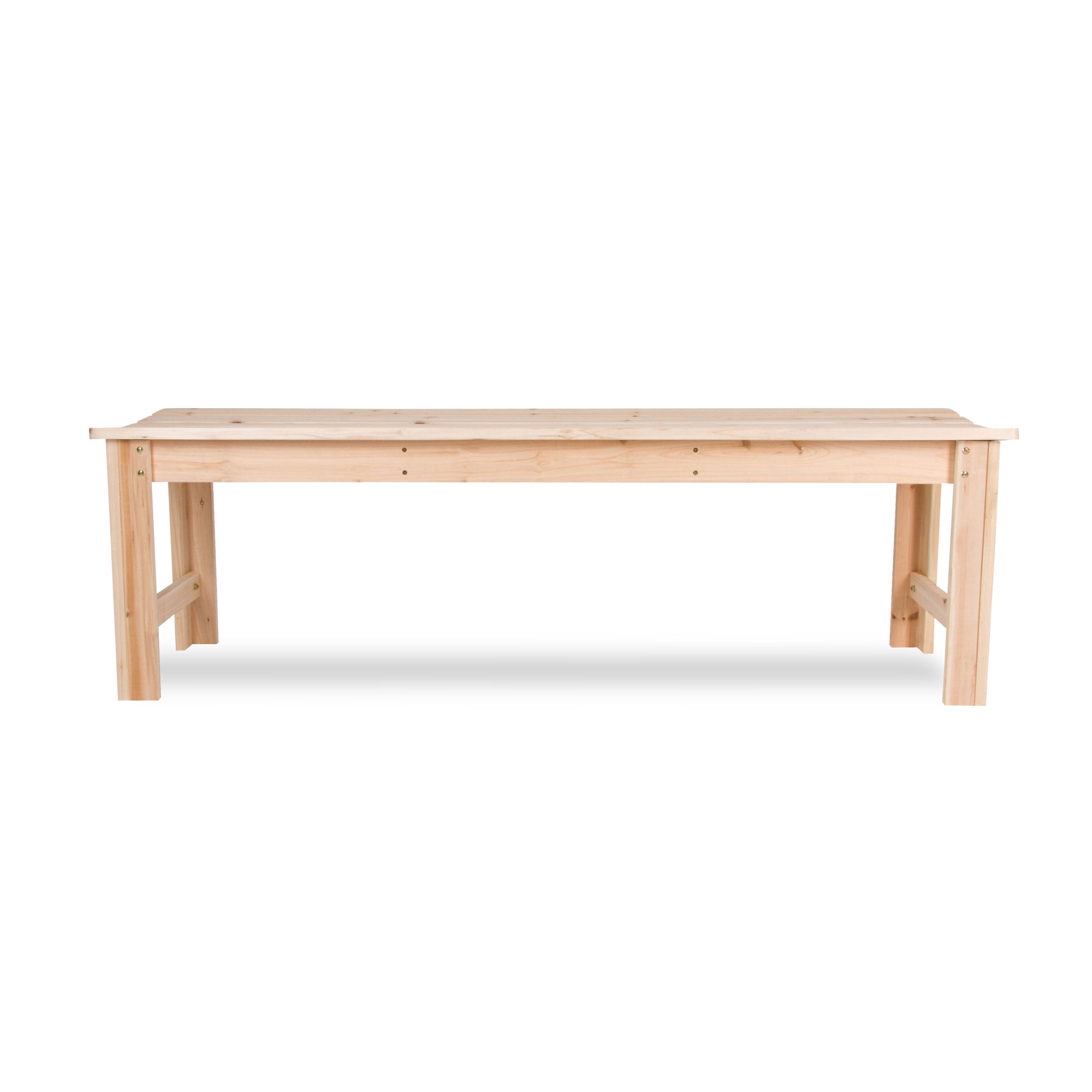 A light natural wood bench with a rectangular top and four legs, shown from a front angle on a white background.  