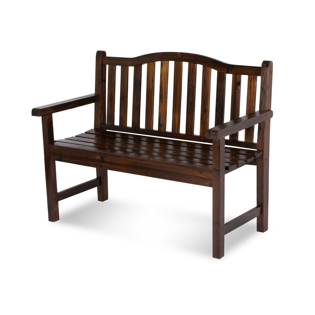 A dark brown wooden garden bench with a slatted backrest and seat, featuring armrests, shown on a plain white background. 