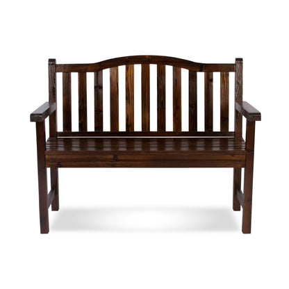 A dark brown wooden garden bench with a slatted backrest and armrests, shown against a plain white background. 