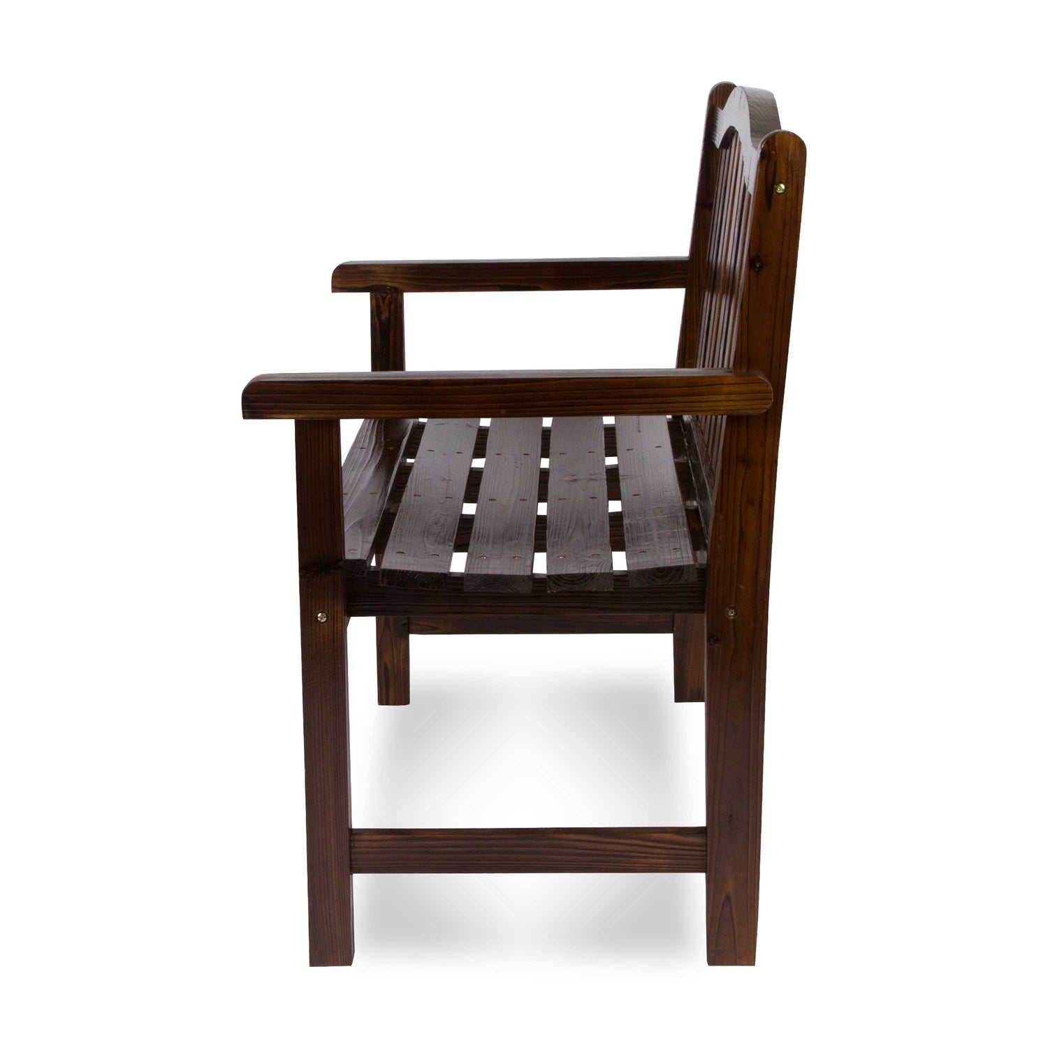 A dark brown wooden armchair with a slatted seat and backrest, shown from a side angle against a plain white background. 