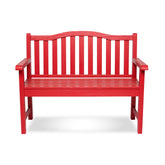 A bright red wooden garden bench with a slatted backrest and armrests, shown from the front on a clean white background. 