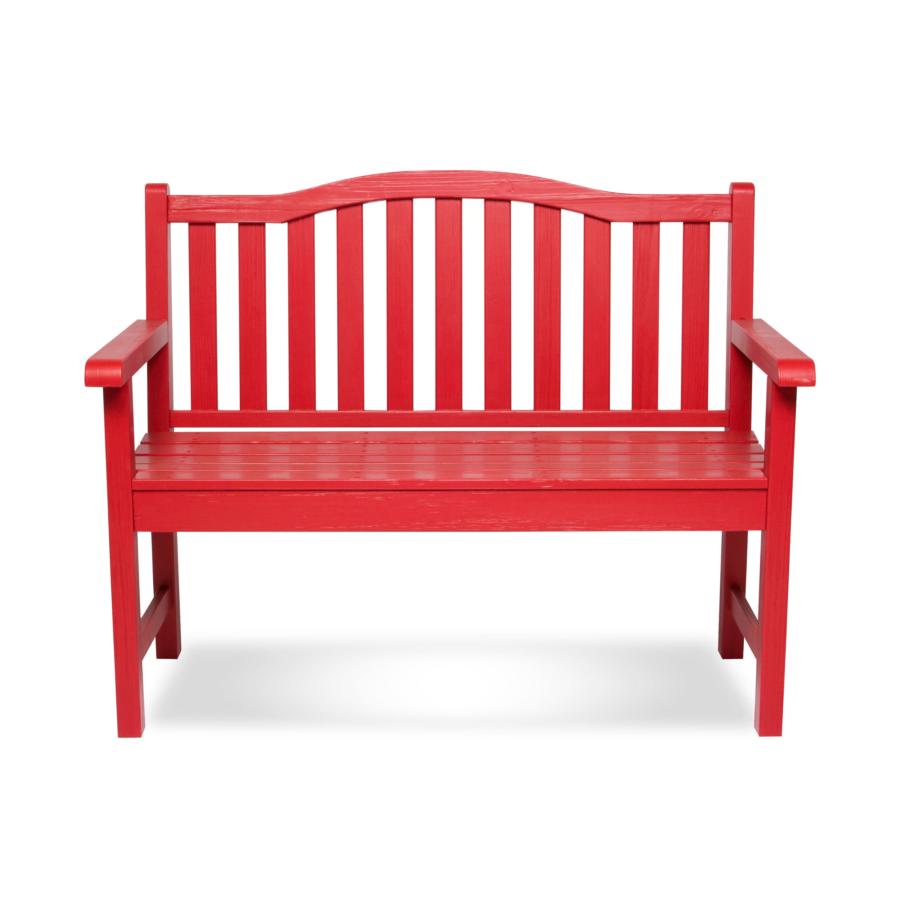 A bright red wooden garden bench with a slatted backrest and armrests, shown from the front on a clean white background. 