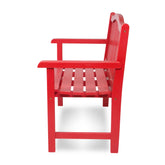A bright red slatted outdoor bench with armrests and a tall slatted back, shown from the side on a white background. 