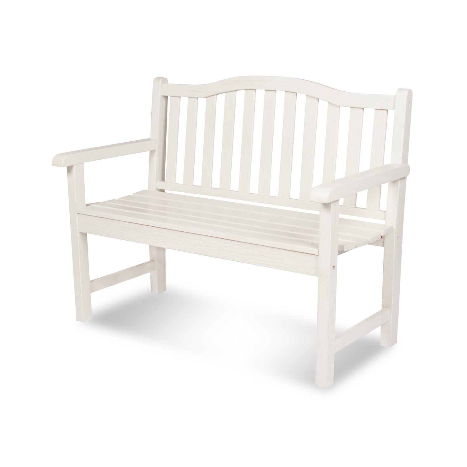 A white wooden garden bench with a slatted backrest and seat, shown at a three-quarter angle on a white background. 