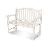 A white wooden garden bench with a slatted backrest and seat, shown at a three-quarter angle on a white background. 