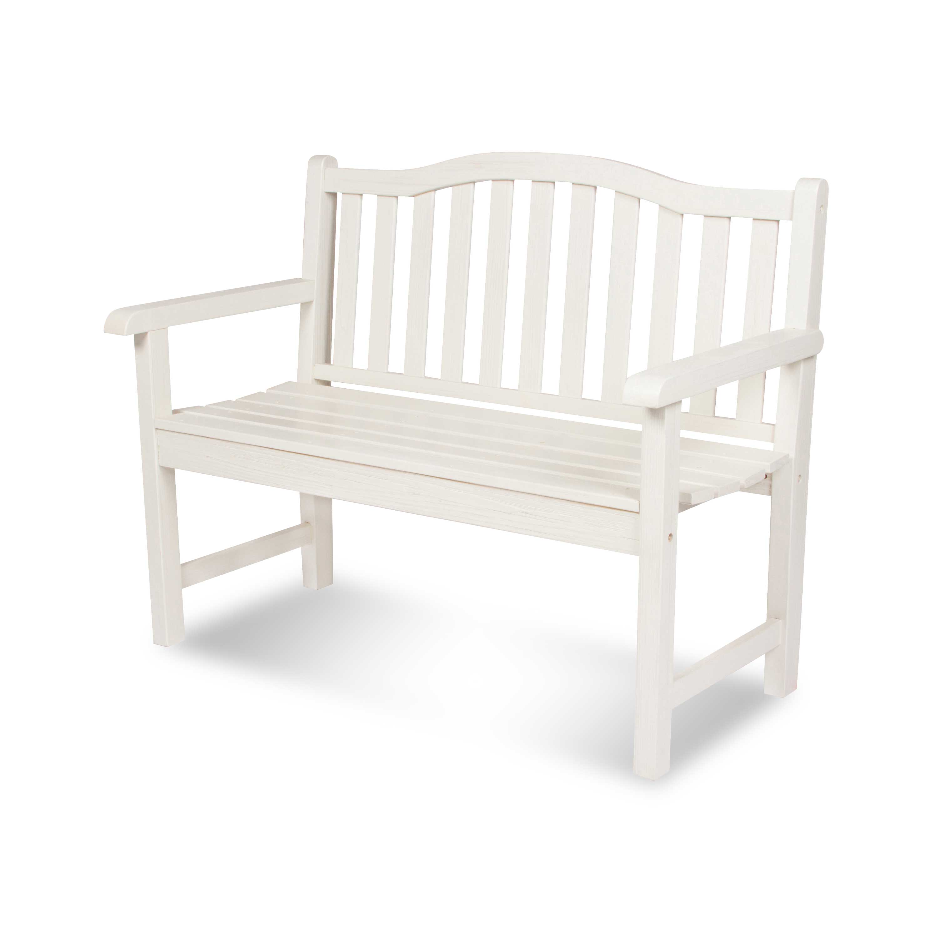 A white wooden garden bench with a slatted backrest and seat, shown at a three-quarter angle on a white background. 