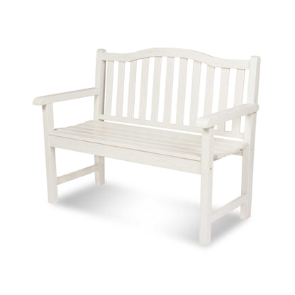 A white wooden garden bench with a slatted backrest and seat, shown at a three-quarter angle on a white background. 