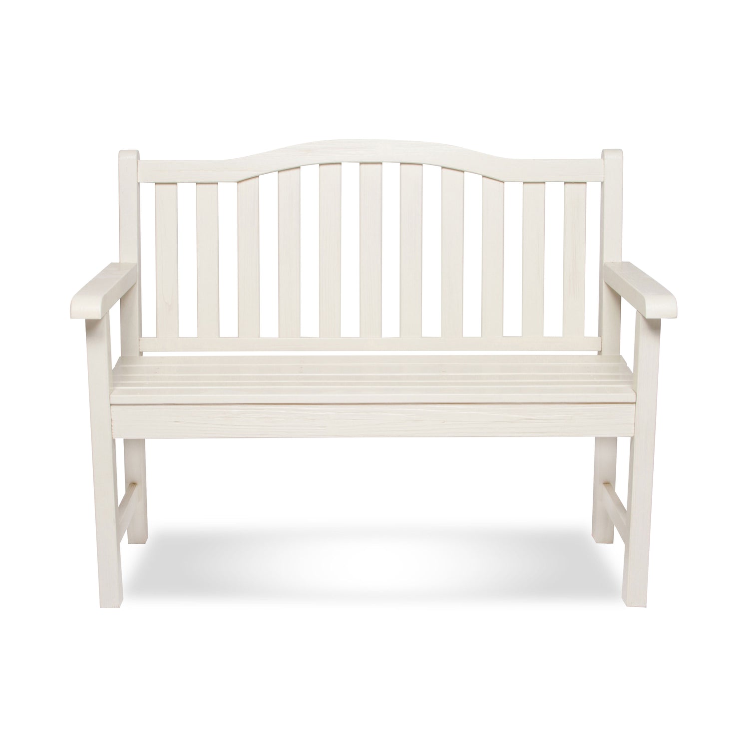 An off-white wooden garden bench with a slatted backrest and armrests, shown against a plain white background. 