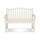 An off-white wooden garden bench with a slatted backrest and armrests, shown against a plain white background. 
