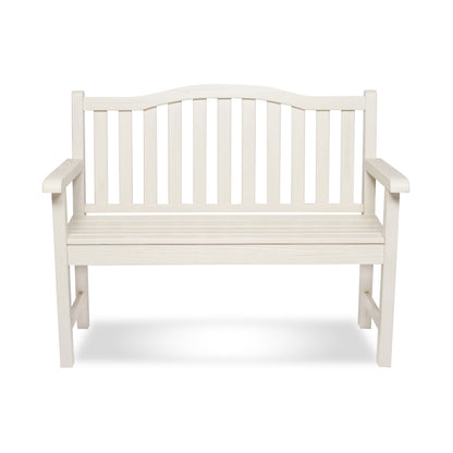 An off-white wooden garden bench with a slatted backrest and armrests, shown against a plain white background. 