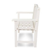 A white slatted wooden garden bench with armrests and a tall slatted backrest, shown from a side angle on a white background. 