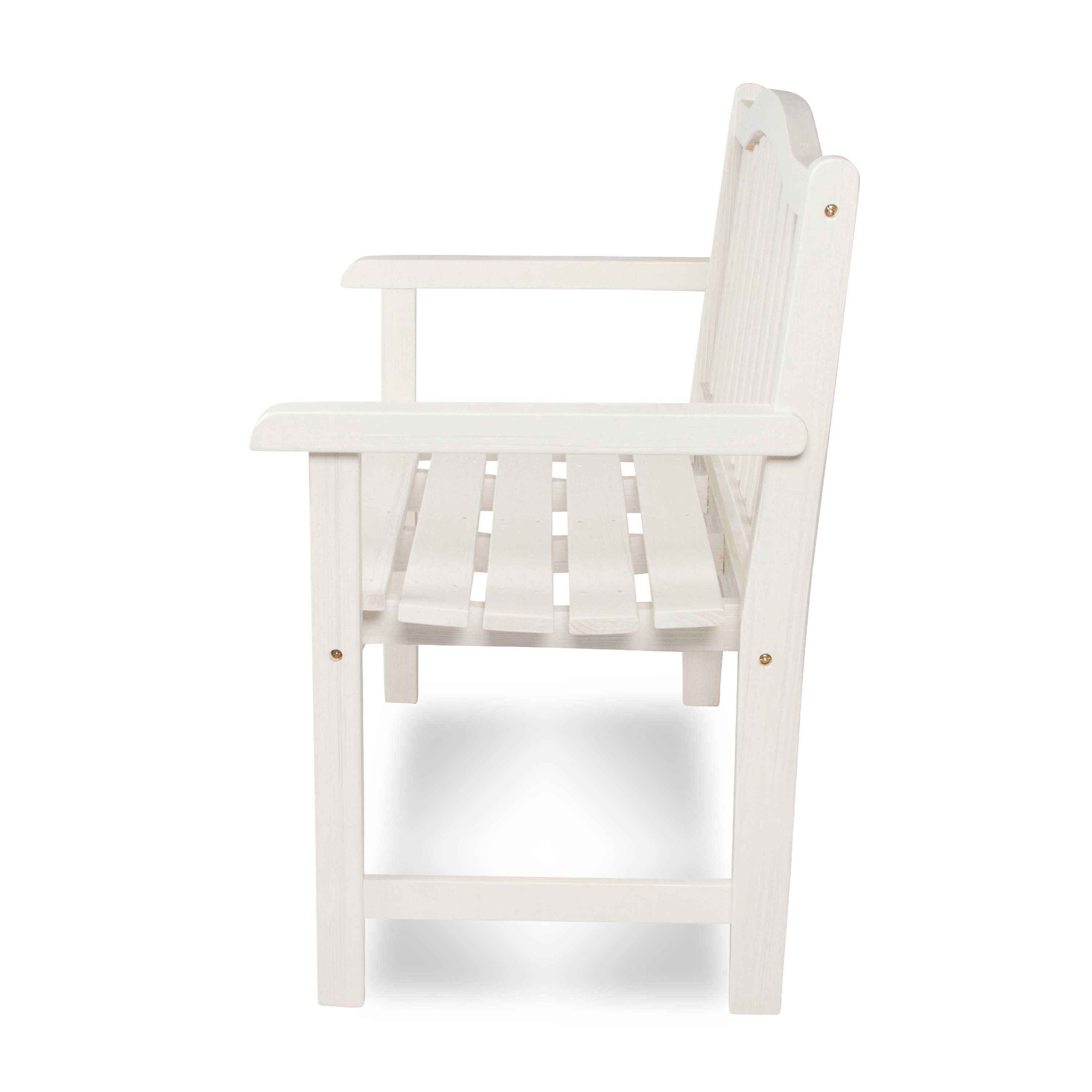 A white slatted wooden garden bench with armrests and a tall slatted backrest, shown from a side angle on a white background. 